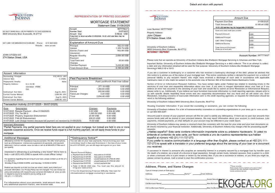 Relevé d'hypothèque du compte de l'Université du sud de l'Indianna aux États , Unis aux formats Word et PDF, 3 pages 1 , 2